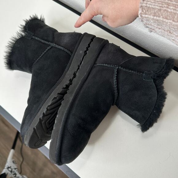 UGG Black Suede Furry Mini Bailey Button Ankle Boot 6 - Picture 9 of 15